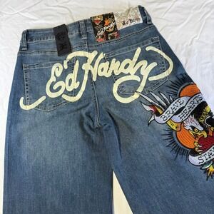 NWT Ed Hardy Women's Brave Hearts Stay True Eagle Wide Leg Jeans Size 26X32